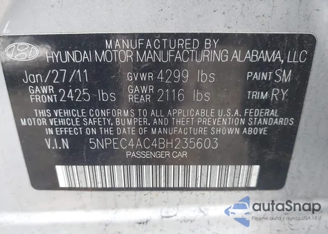 2011 Hyundai Sonata Limited z USA, uszkodzony, nr VIN 5NPEC4AC4BH235603